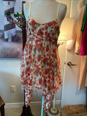 Brigitte Bailey Floral Red Rose Print Handkerchief Hem Festival Dress Size M
